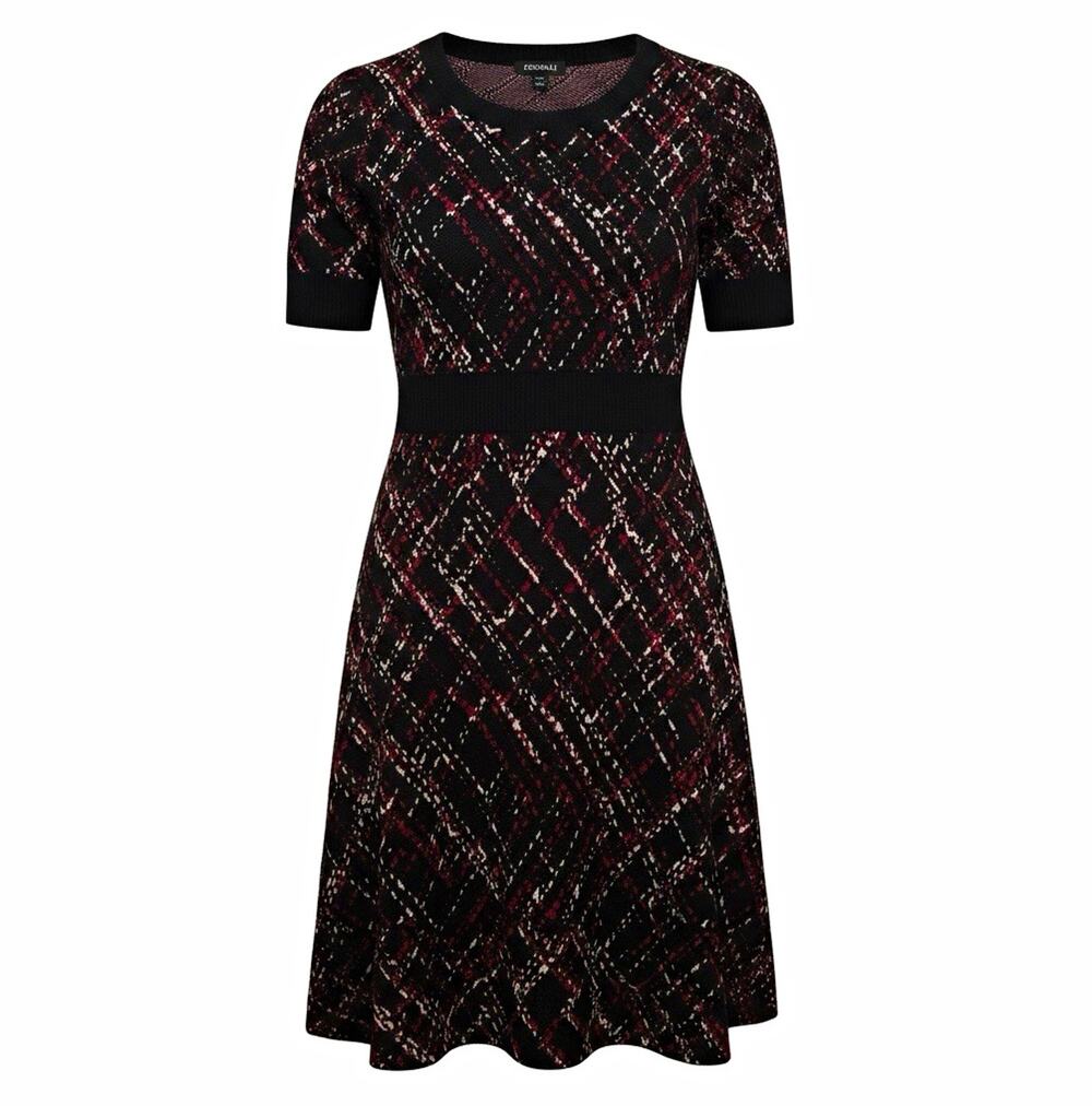 Roz & Ali Petites PL Plaid Knit A-Line Dress Black Red White Short Sleeve